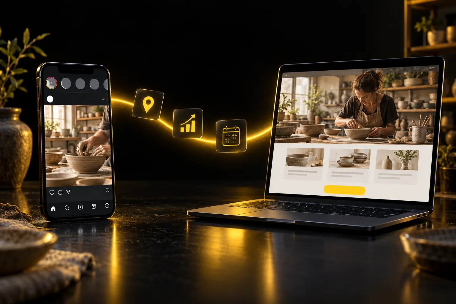 Un téléphone affiche une publicité Instagram pour un atelier de céramique ; un trait lumineux jaune mène à un ordinateur qui montre la page de l’atelier avec un bouton jaune