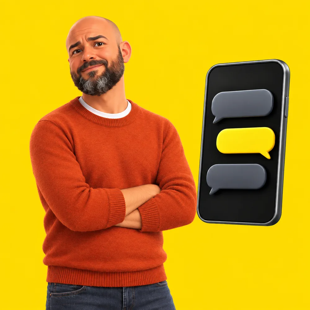 L'avatar de Julien, bras croisés, à côté d'un téléphone qui affiche trois bulles de conversation