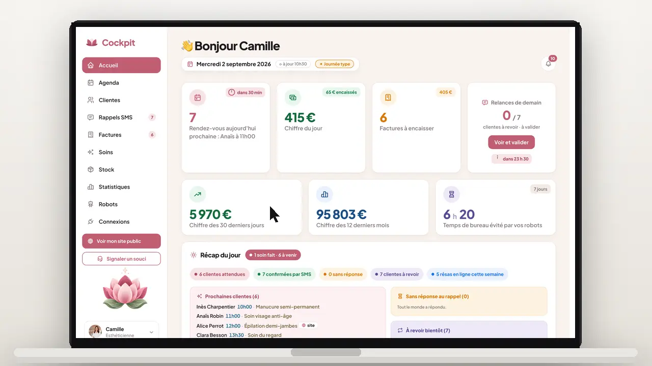Démo animée du cockpit d'un institut de beauté sur un ordinateur : on clique sur Accueil, Agenda, Clientes, une fiche cliente, puis Statistiques
