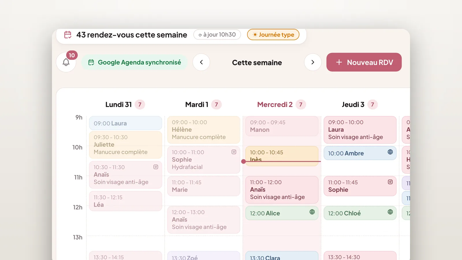 Zoom sur l'agenda du cockpit : la semaine, un rendez-vous par créneau, Google Agenda synchronisé