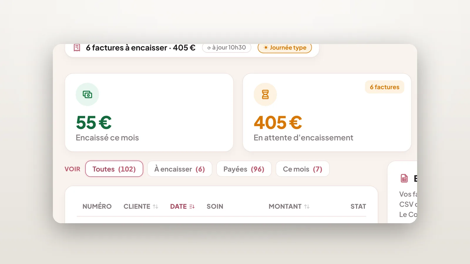 Zoom sur les factures : encaissé ce mois, en attente d'encaissement, liste des factures