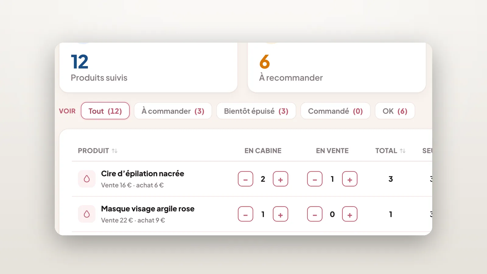 Zoom sur le stock : produits suivis, à commander, cabine et vente, commande en un clic