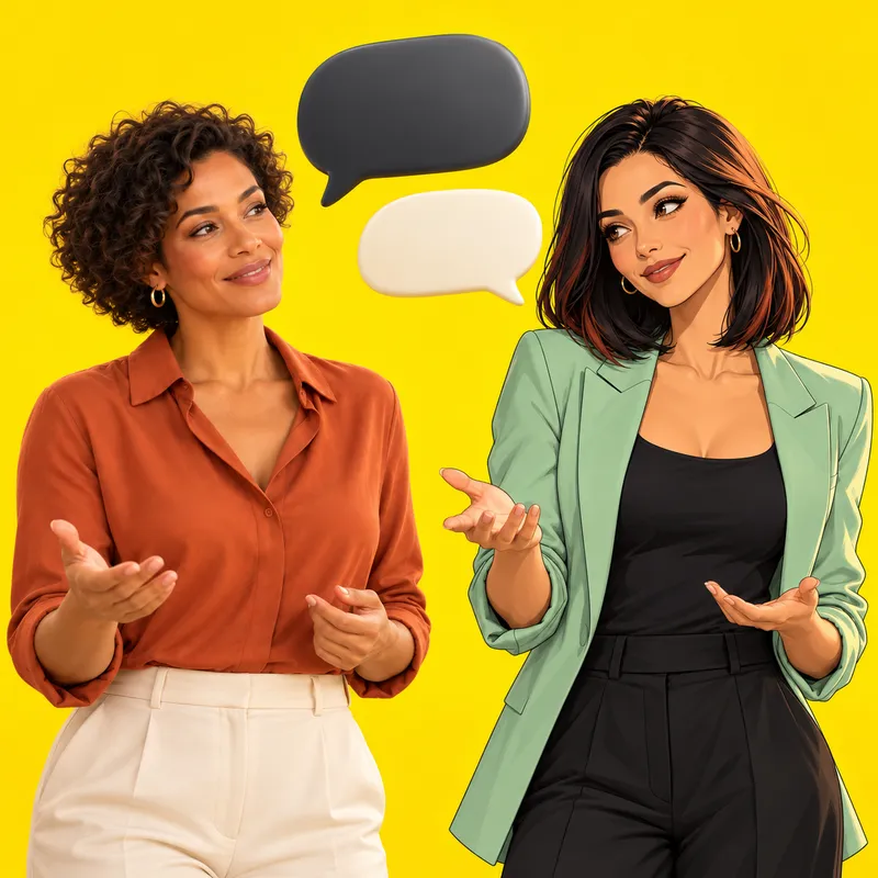 Deux avatars, une femme en style réaliste et une en style anime, en pleine conversation sur fond jaune