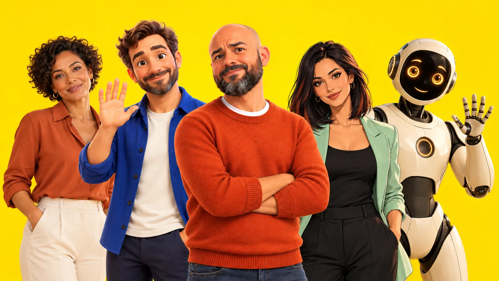 Toute l'équipe des avatars côte à côte : réaliste, cartoon, Julien, anime et robot, sur fond jaune
