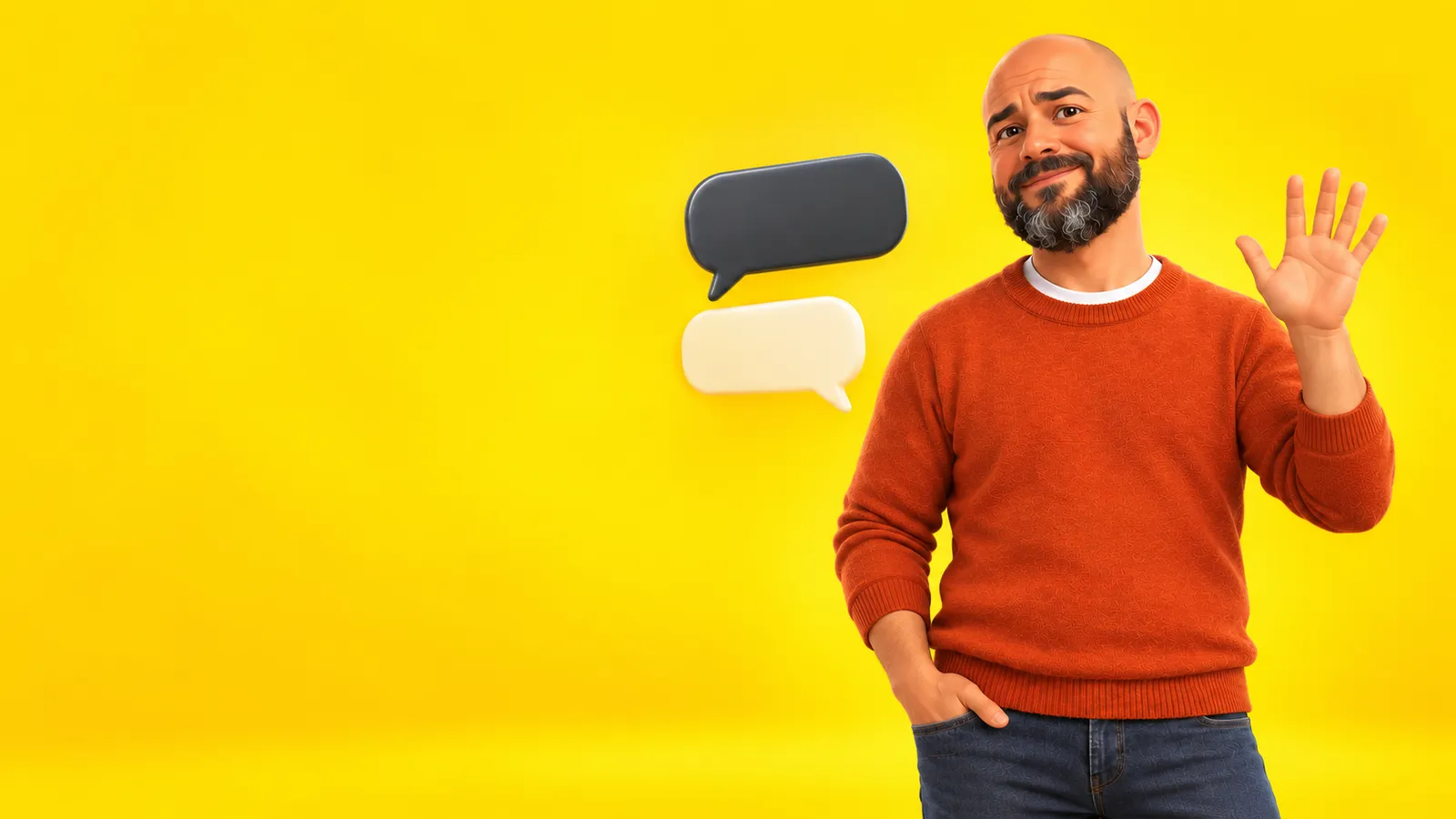 L'avatar de Julien qui salue de la main à côté de deux bulles de conversation, sur fond jaune