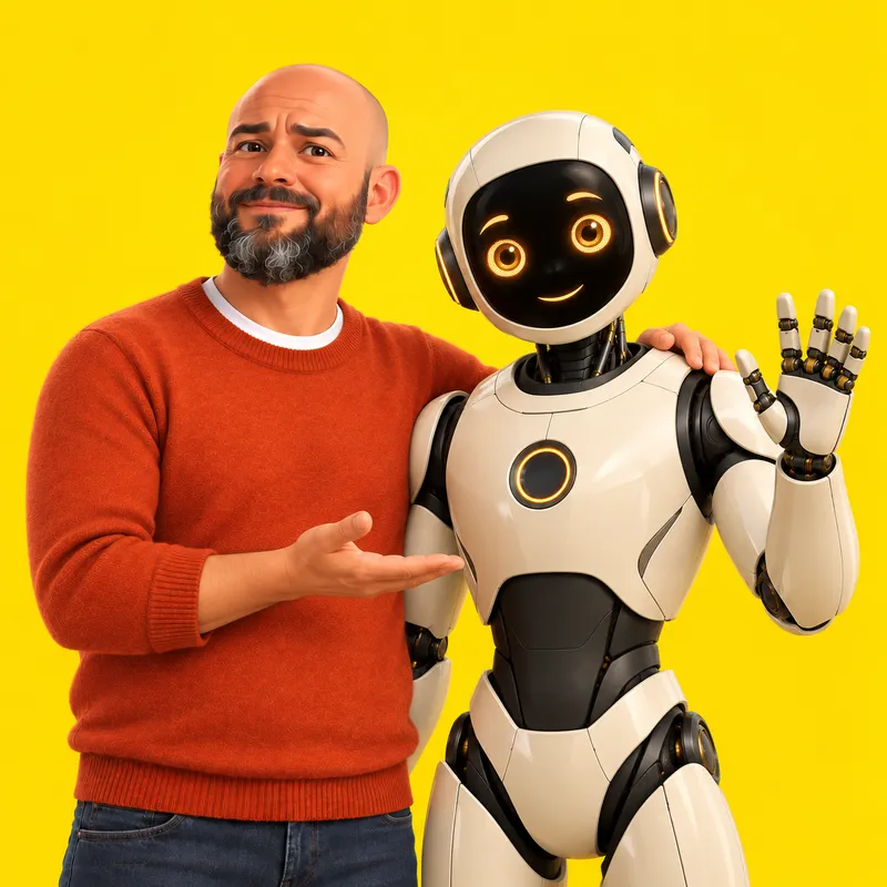 L'avatar de Julien qui présente un robot assistant souriant, sur fond jaune