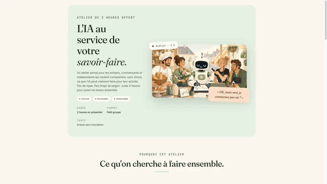 Landing L'IA au service de votre savoir-faire, atelier pour artisans