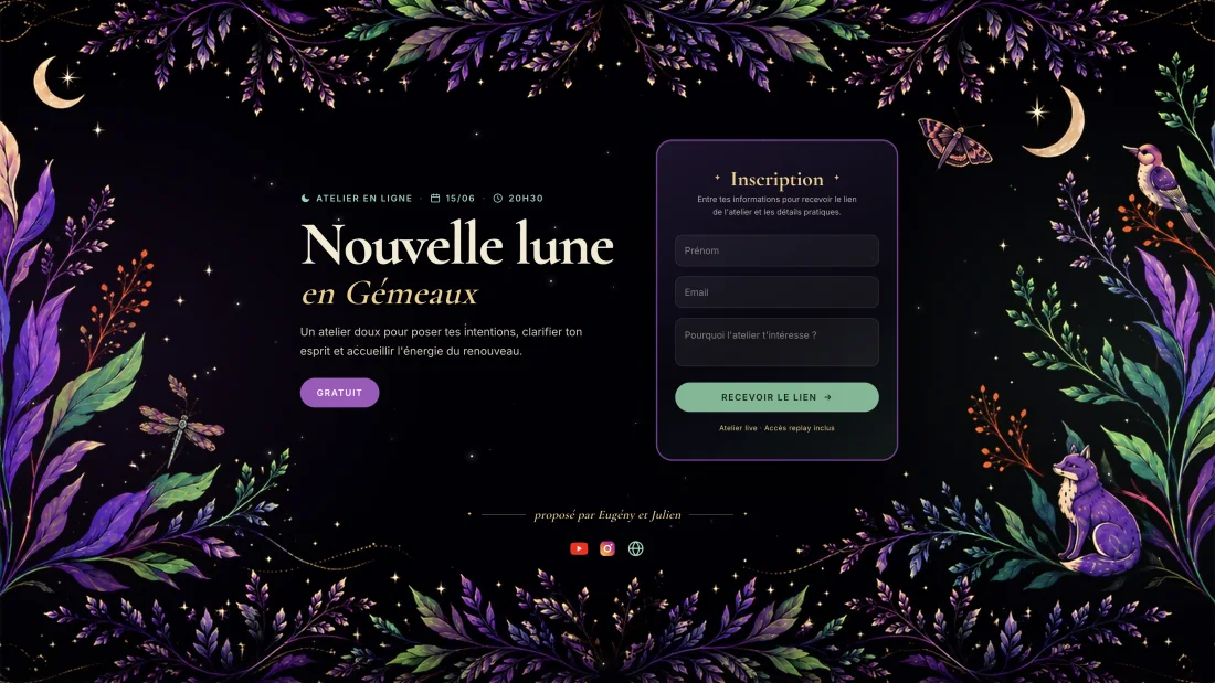 Landing Nouvelle lune en Gémeaux, atelier en ligne d'Eugény Couture