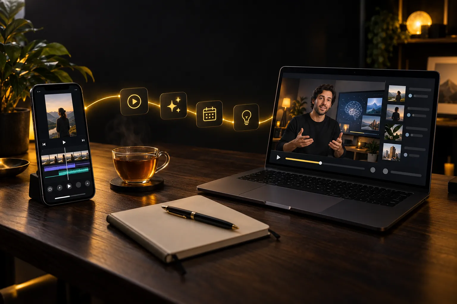 Un ordinateur portable affiche une leçon vidéo, un téléphone montre une vidéo en cours de montage ; un trait lumineux jaune les relie, avec des icônes de lecture, d’IA, de calendrier et d’idée