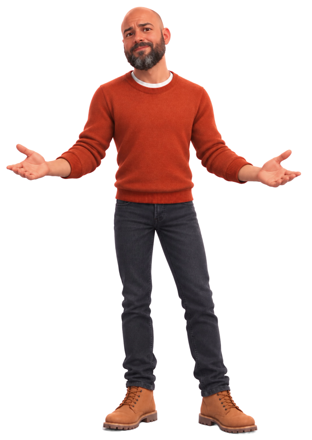 Le personnage de Julien : crâne rasé, barbe, pull orange et bottes en cuir, les mains ouvertes.