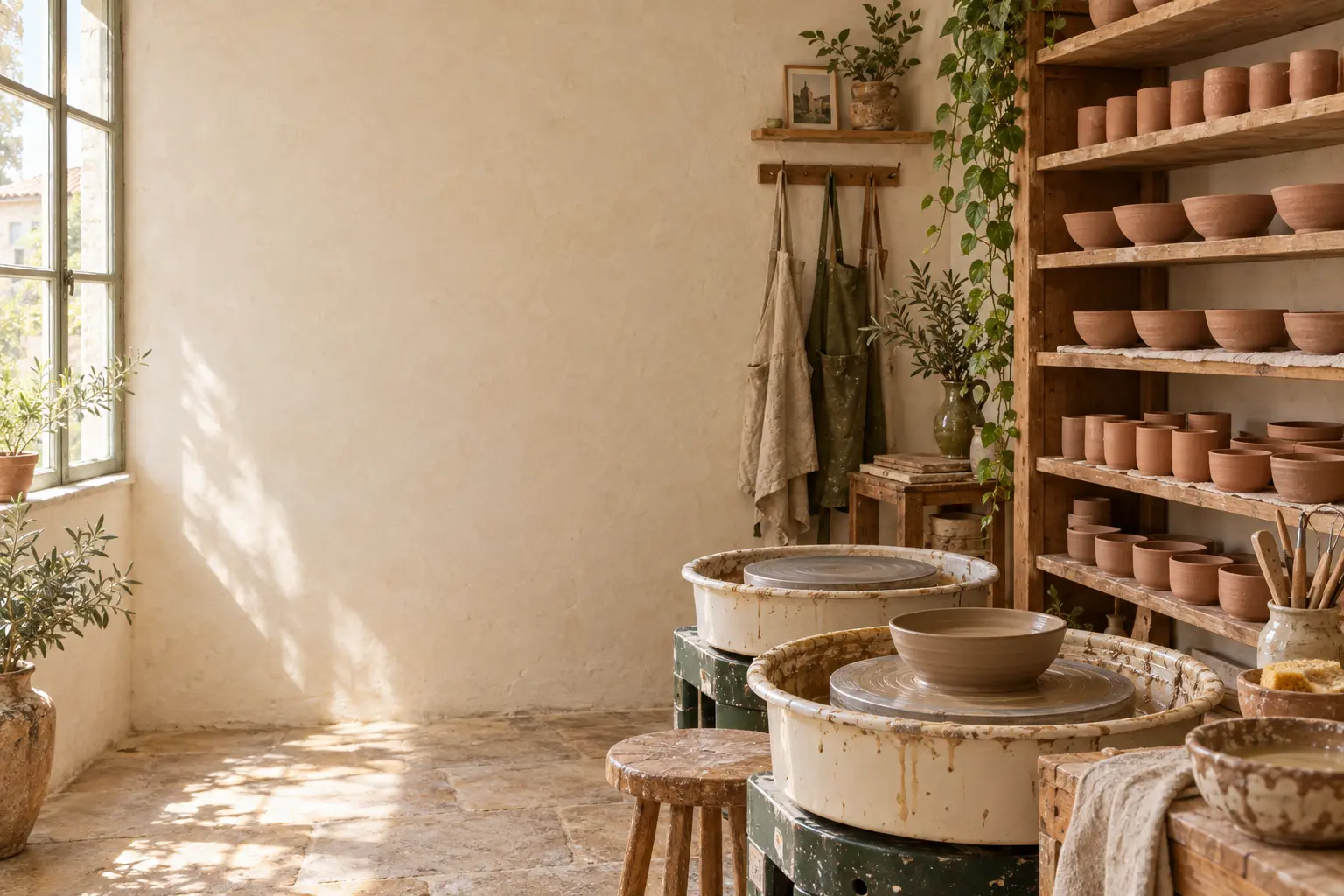 Un atelier de céramique baigné de lumière, avec deux tours de potier, un bol fraîchement tourné et des étagères de pièces en terre cuite.
