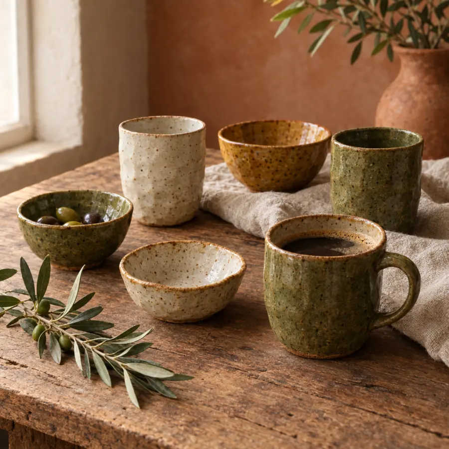 Des tasses et petits bols faits main, émaillés vert olive, crème et ocre, posés sur une table en bois près d’une branche d’olivier.