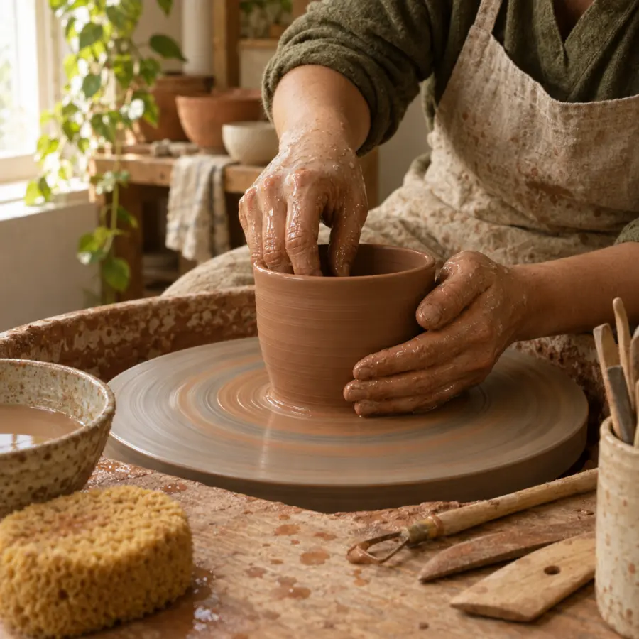 Deux mains couvertes d’argile qui façonnent une tasse sur un tour de potier, avec une éponge et des outils en bois.