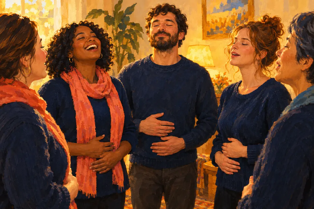 Cinq choristes en cercle, les mains sur le ventre, font leur échauffement en riant sous une lumière dorée.