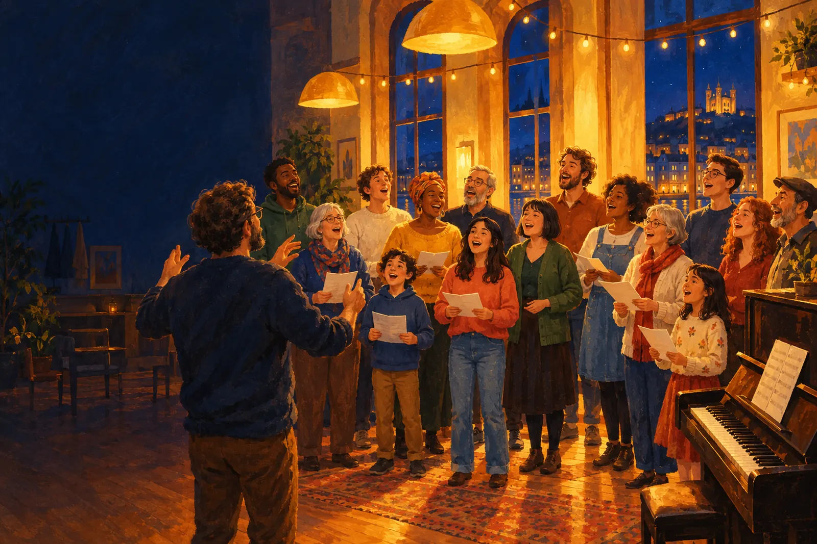 Une chorale de quartier de tous âges chante dans une salle chaleureuse, éclairée de lampes dorées, face à son chef de chœur.