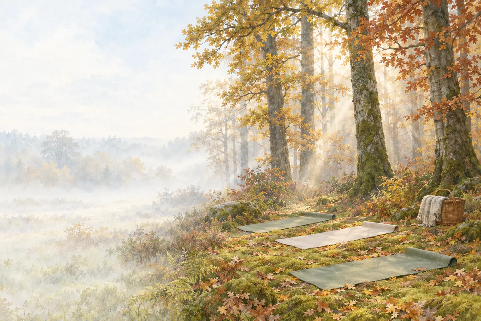 Une clairière d'automne dans la brume du matin, trois tapis de yoga posés sur la mousse au pied de grands chênes dorés.