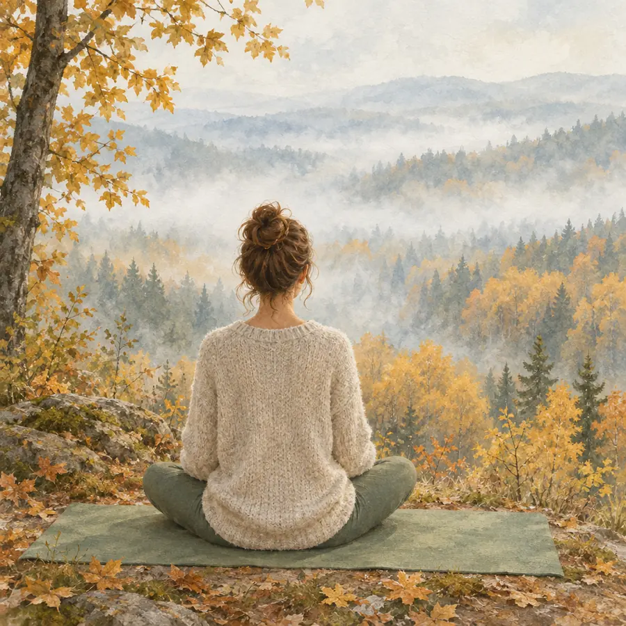 Illustration d'une femme vue de dos, assise en tailleur sur un tapis vert, face à une vallée de forêts d'automne dans la brume.