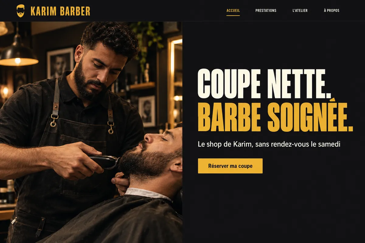 Maquette pour un barbier : photo dans le shop à gauche, grand titre noir et moutarde à droite