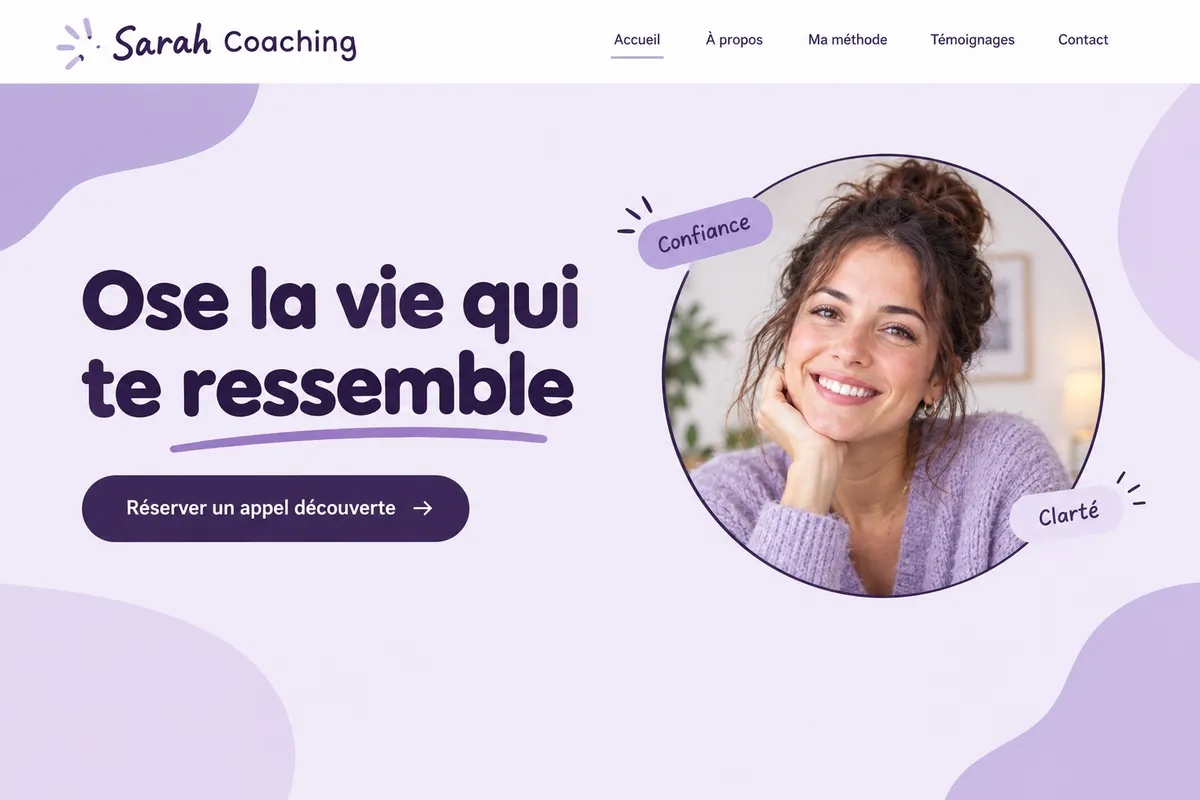 Maquette pour une coach : fond lavande, portrait dans un grand cercle, titre joyeux