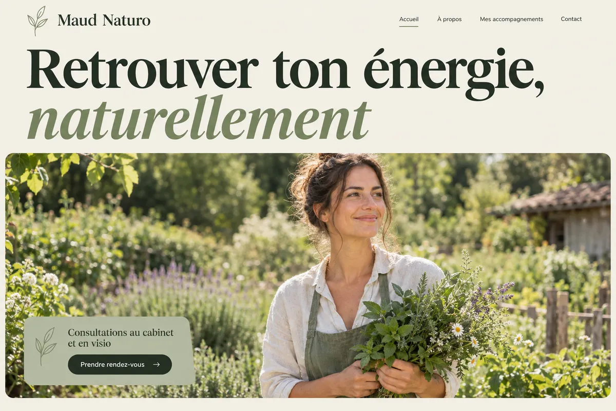 Maquette pour une naturopathe : grand titre sur toute la largeur, photo panoramique dans un jardin, tons sauge
