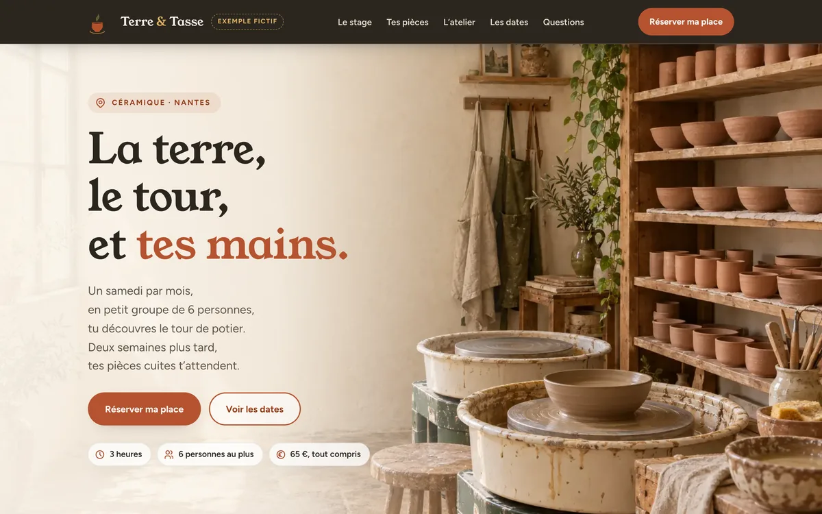 Page unique pour un atelier de céramique : grande image de l’atelier, titre chaleureux, tons terracotta et olive