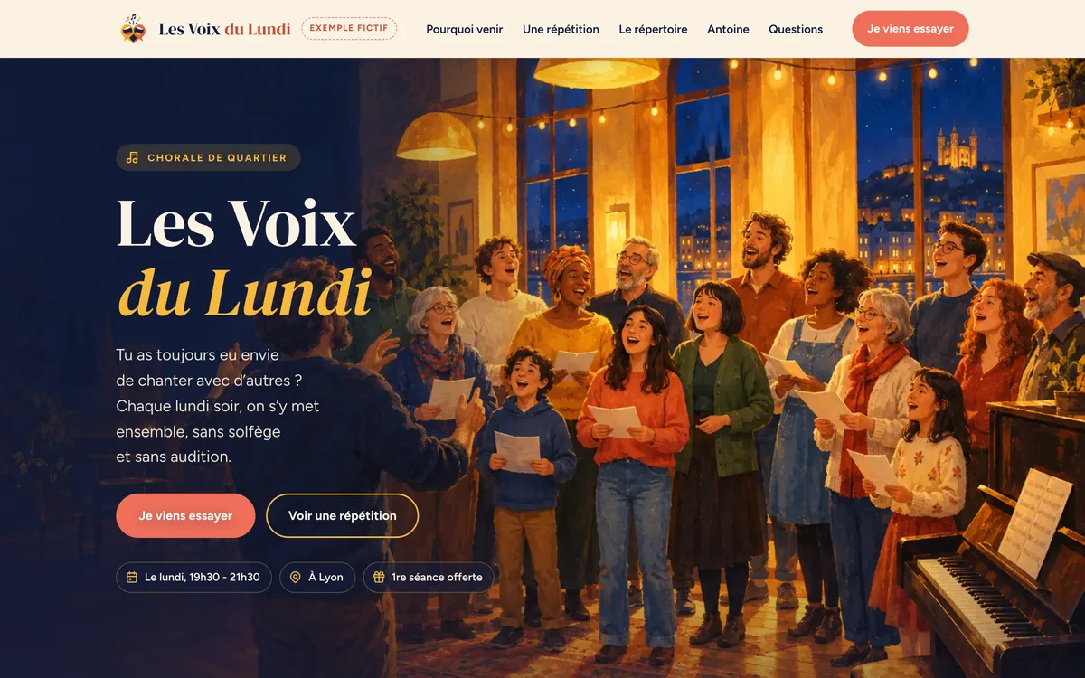 Page unique pour une chorale de quartier : chœur en lumière dorée, tons bleu nuit et jaune