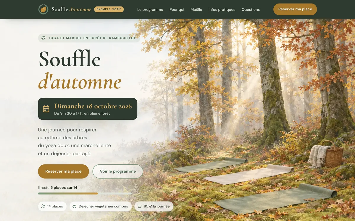 Page unique pour une journée de yoga en forêt : forêt d’automne lumineuse, date bien visible, tons sauge et or