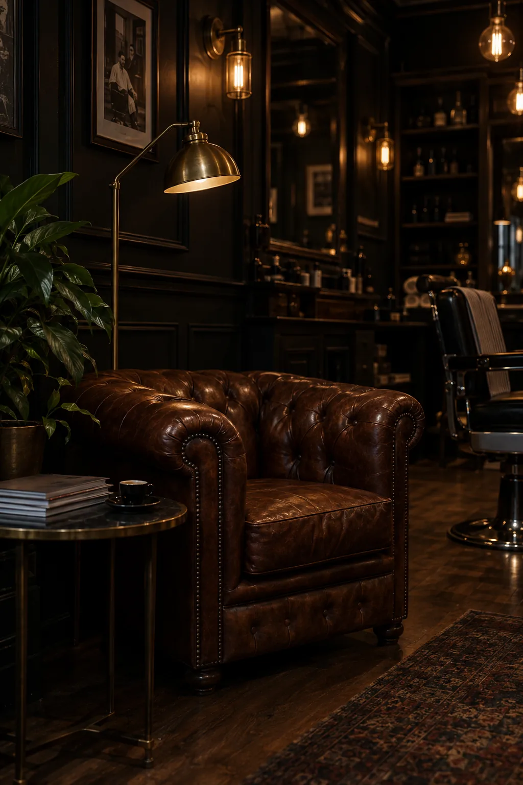 Le coin d’attente du salon, fauteuil club en cuir et lampe en laiton