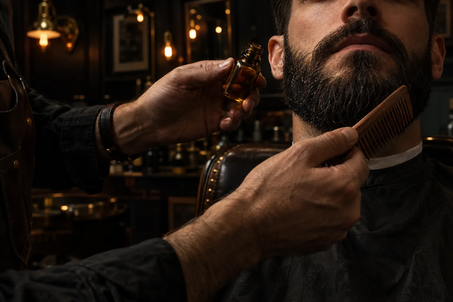 Huile appliquée sur une barbe taillée, peigne en bois à la main