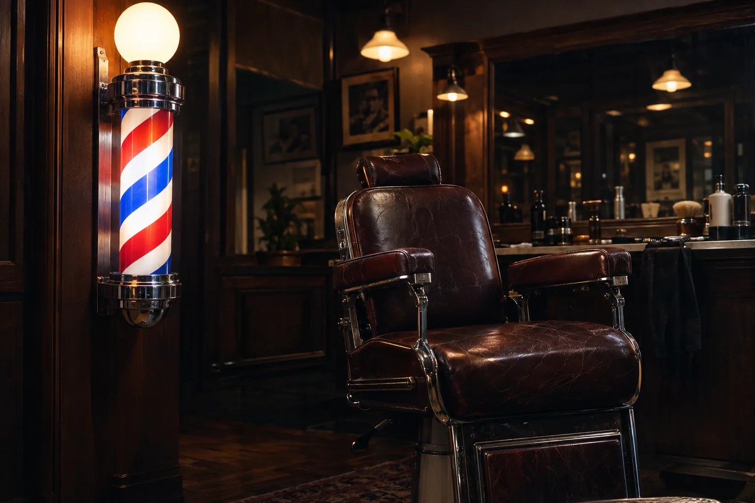 Fauteuil de barbier sous les lumières chaudes du salon