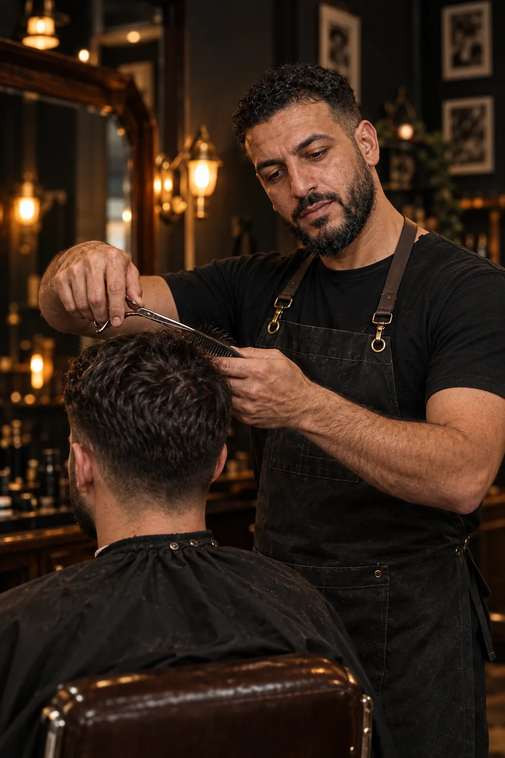 Karim concentré, en pleine coupe aux ciseaux et au peigne