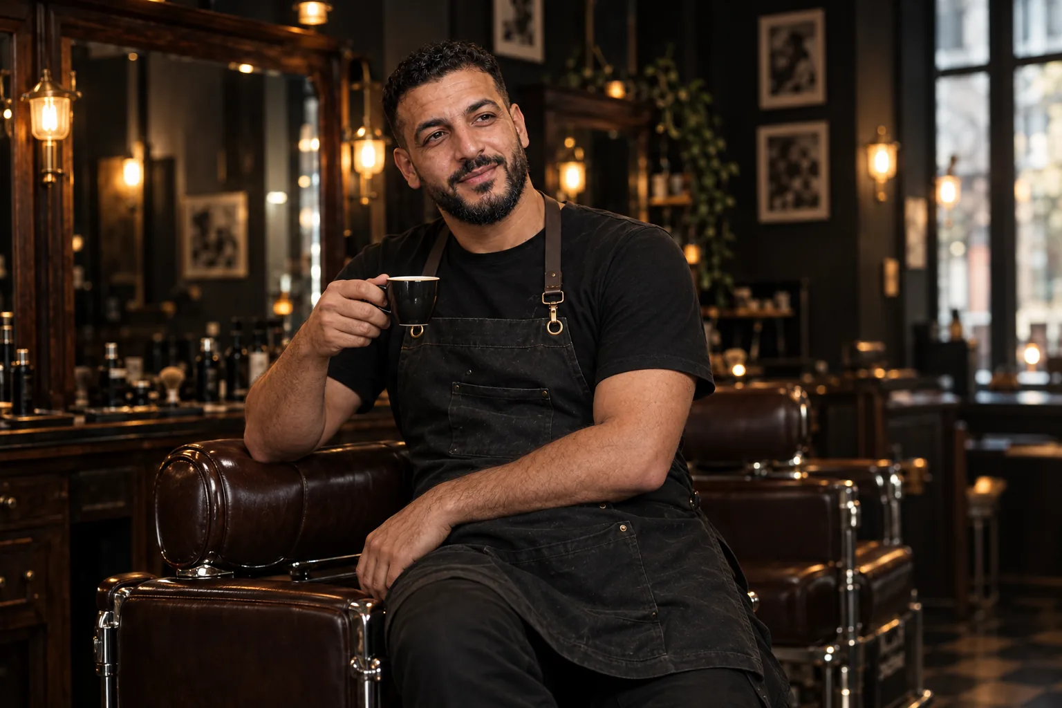 Karim assis sur l’accoudoir d’un fauteuil, un café à la main, avant l’ouverture du salon