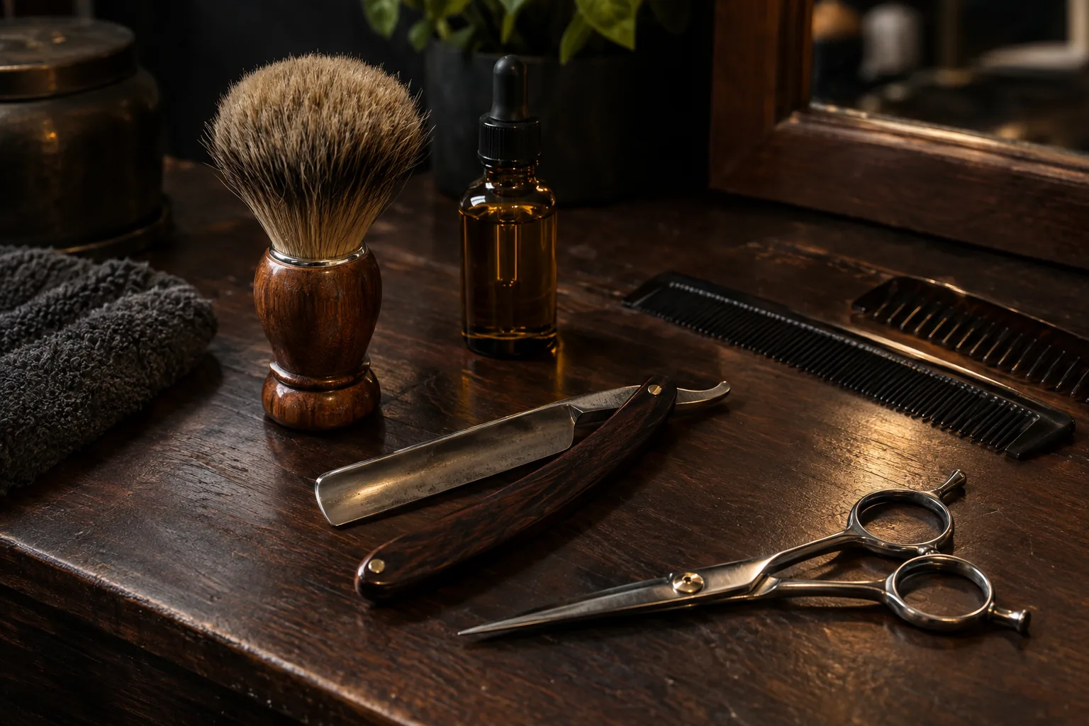 Blaireau, bol et outils de barbier sur le comptoir