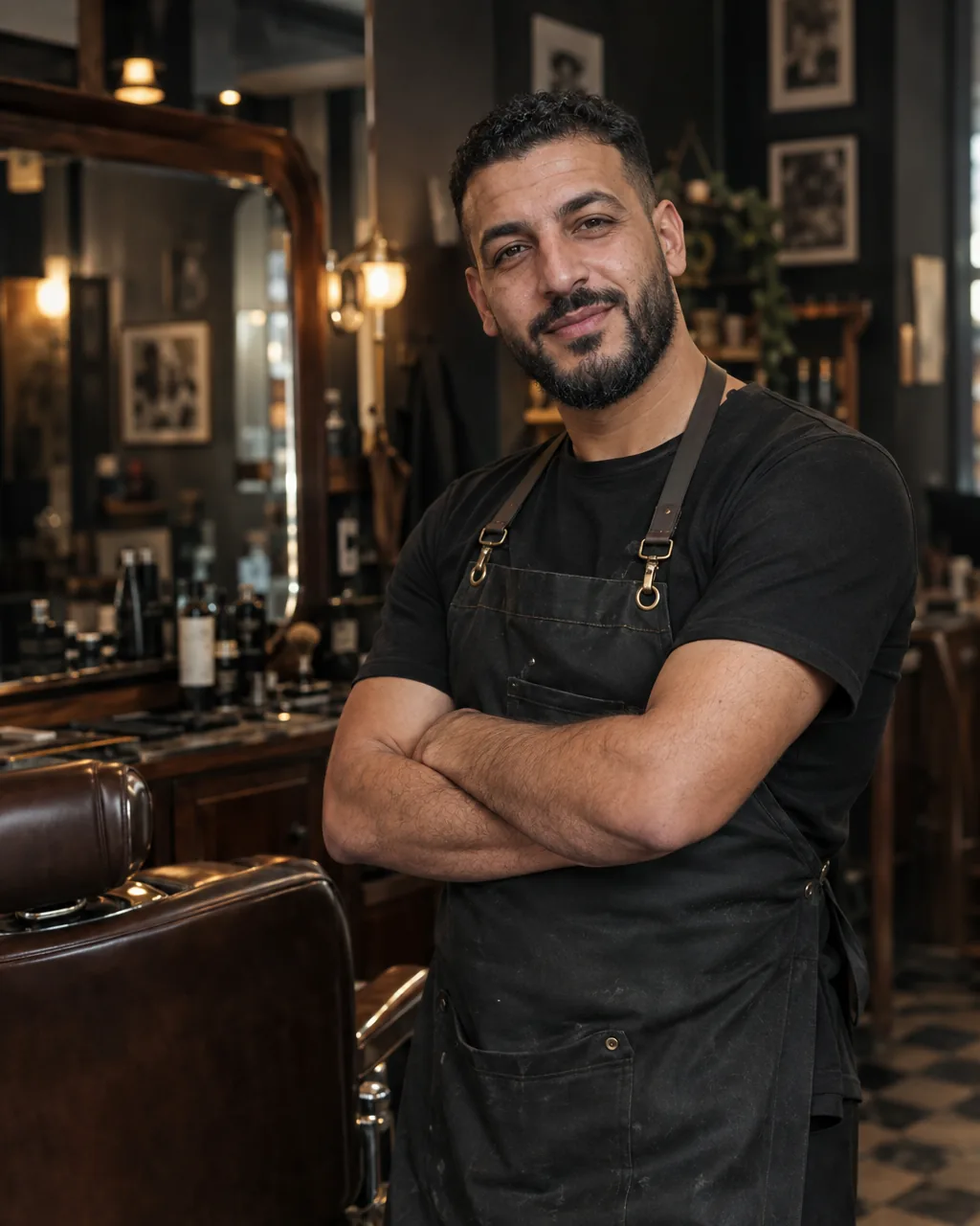 Karim, barbier, bras croisés dans son salon