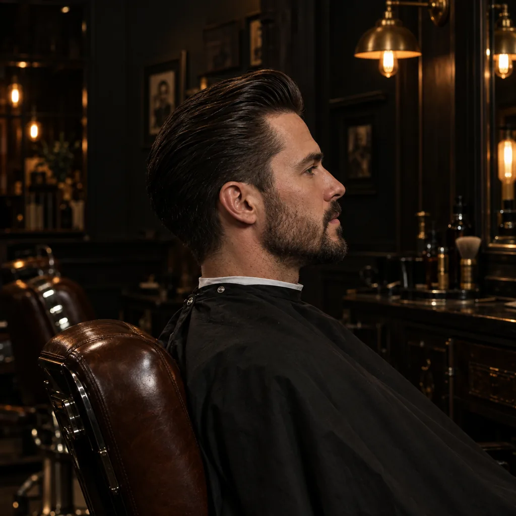 Profil d’un homme coiffé en arrière, barbe courte