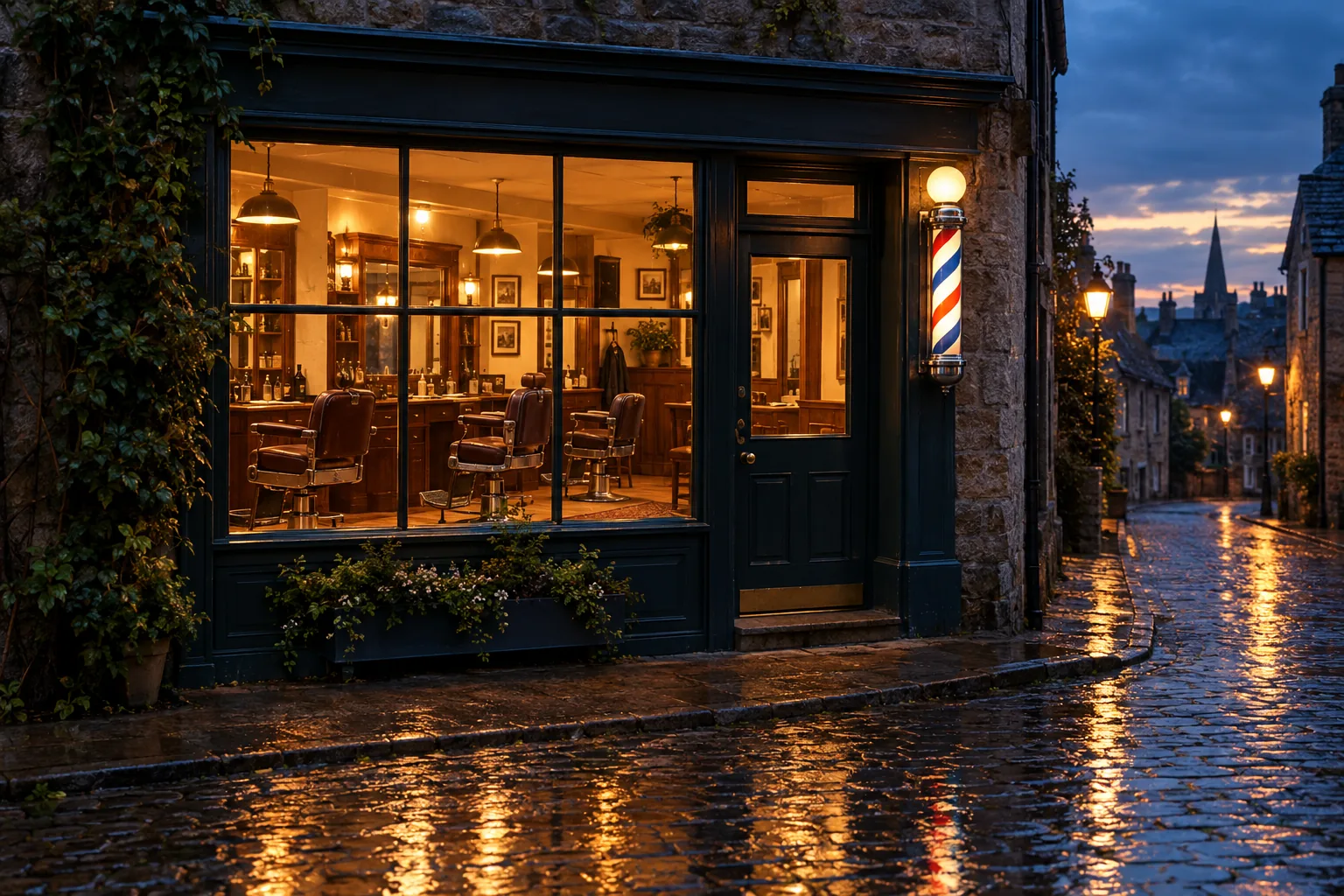 La vitrine du salon éclairée le soir, dans une petite rue pavée