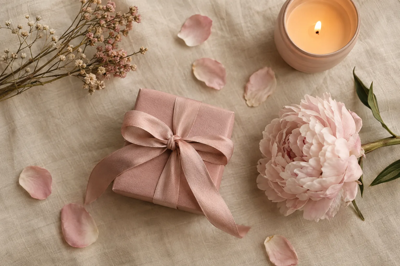 Petit paquet cadeau rose, pivoine et pétales sur du lin