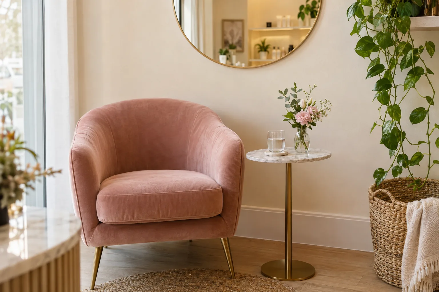 Coin d’attente avec fauteuil en velours rose et petit bouquet