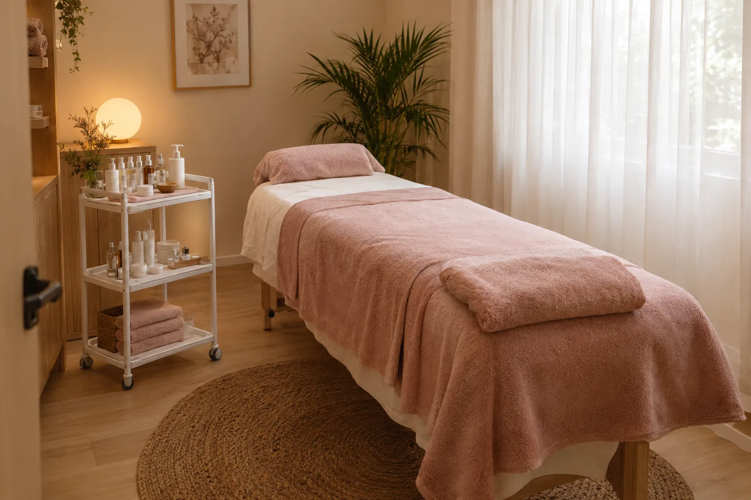 Cabine de soin avec table habillée de serviettes roses et lampe douce