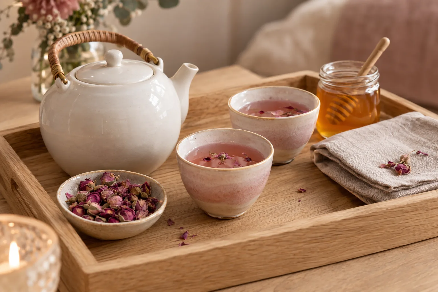 Plateau avec théière blanche, tasses de tisane et boutons de rose