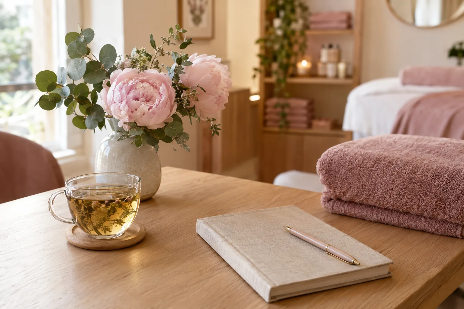 Bureau de l’institut avec une tisane, des pivoines et un carnet