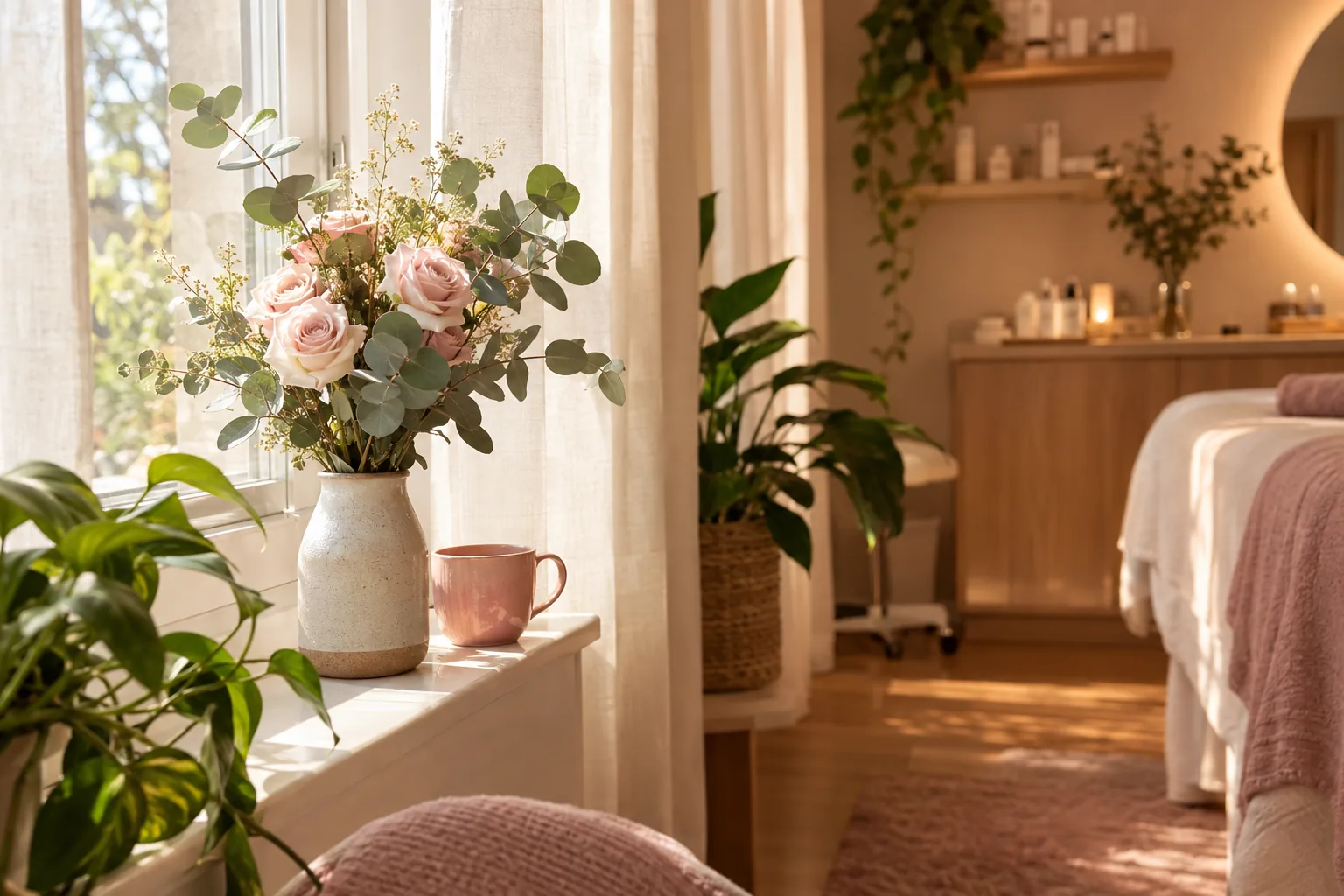 Fenêtre ensoleillée de l’institut avec un bouquet de roses pâles