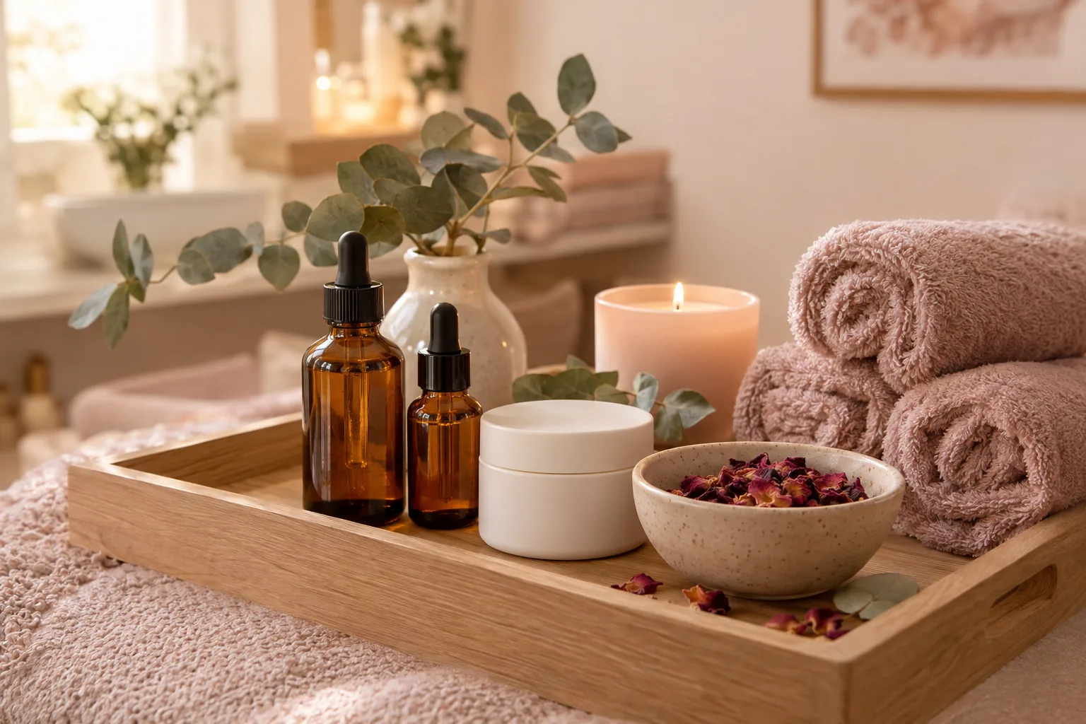 Plateau de soins avec flacons, crème et serviettes roses