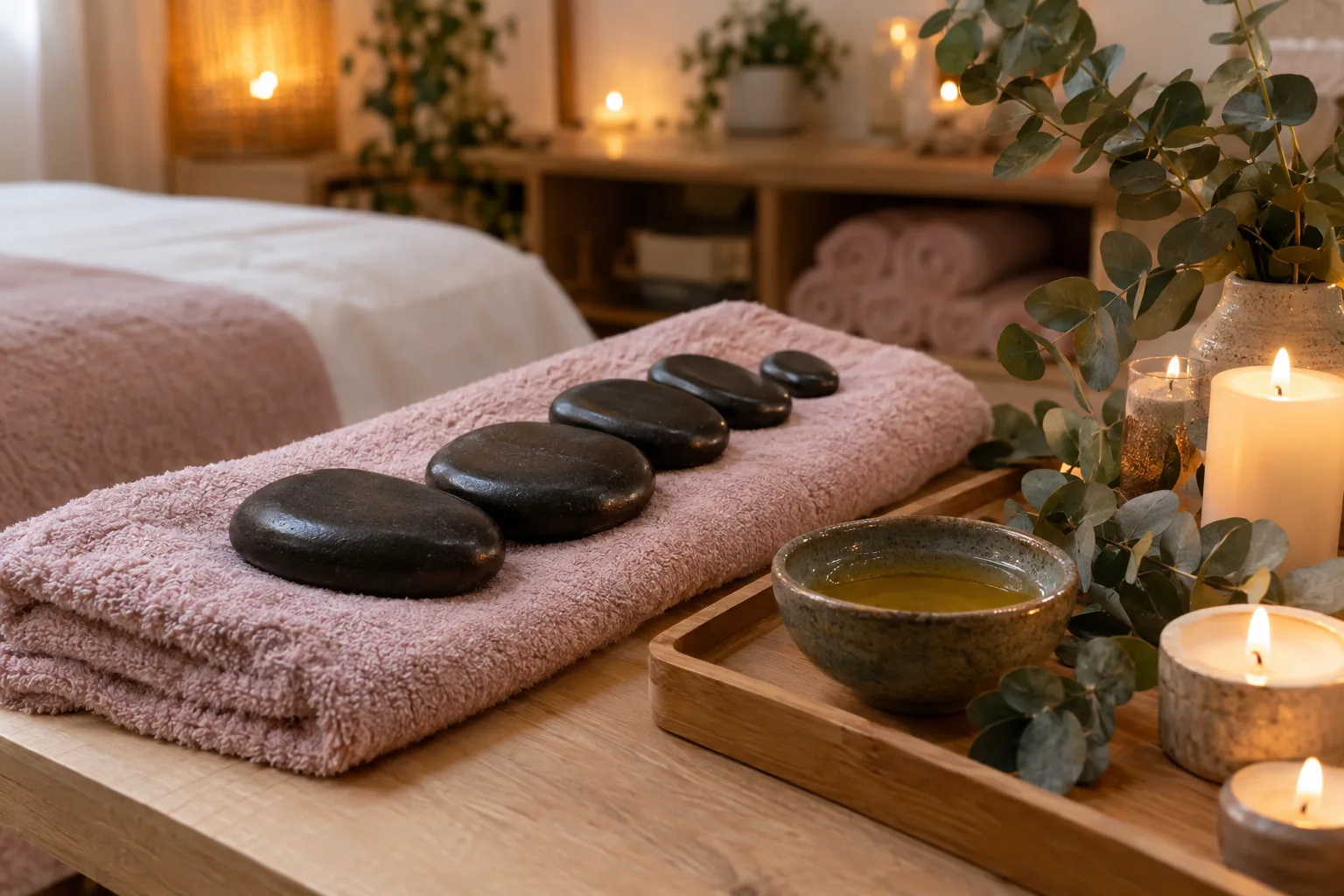 Pierres chaudes et huile de massage prêtes pour un soin