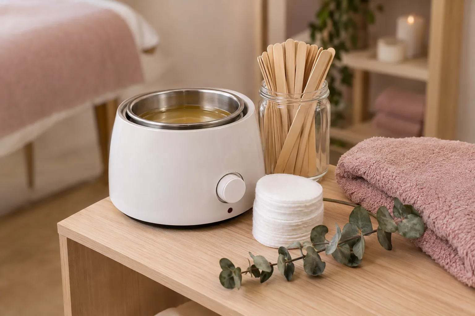 Chauffe-cire, spatules en bois et cotons préparés en cabine