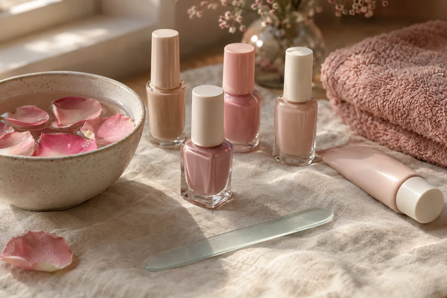Vernis rose et nude, lime en verre et bol de pétales de rose