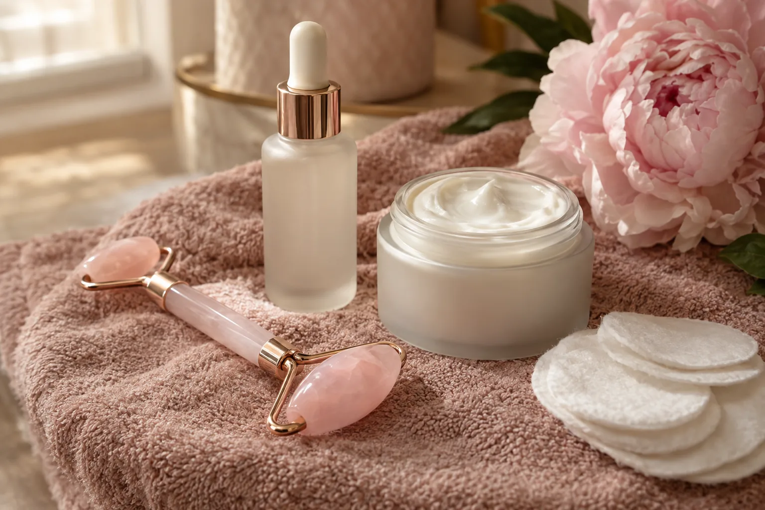 Rouleau en quartz rose, sérum et crème posés sur une serviette rose