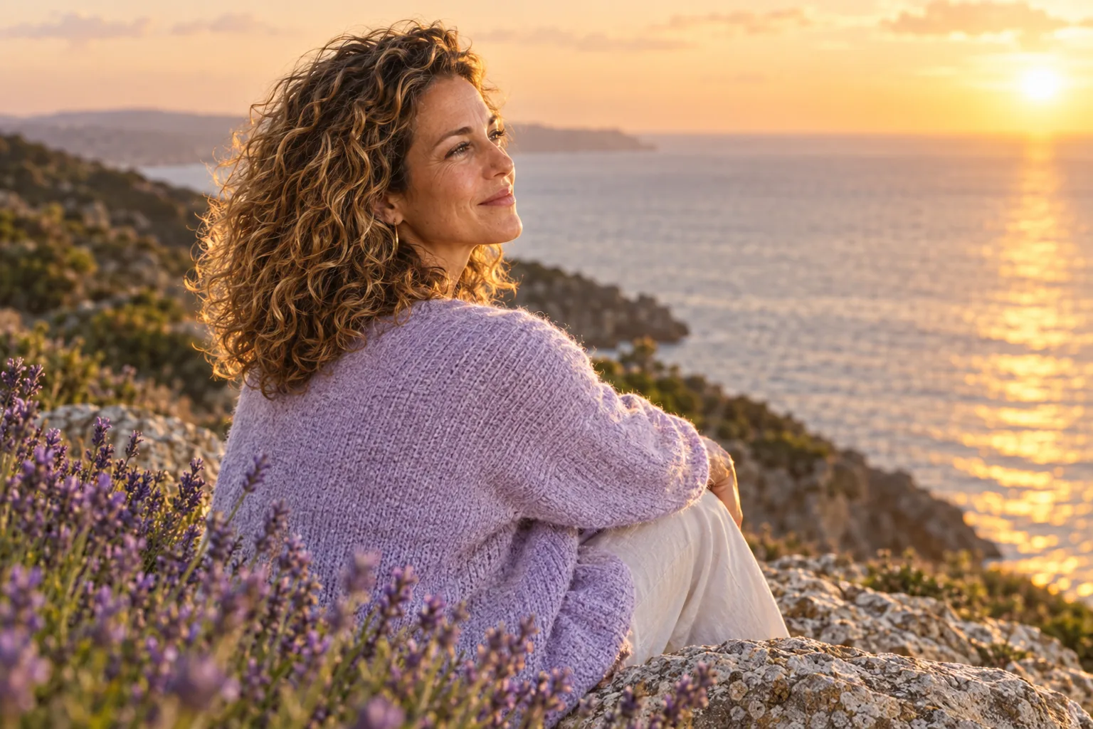 Sarah profite d'un moment de calme en bord de mer
