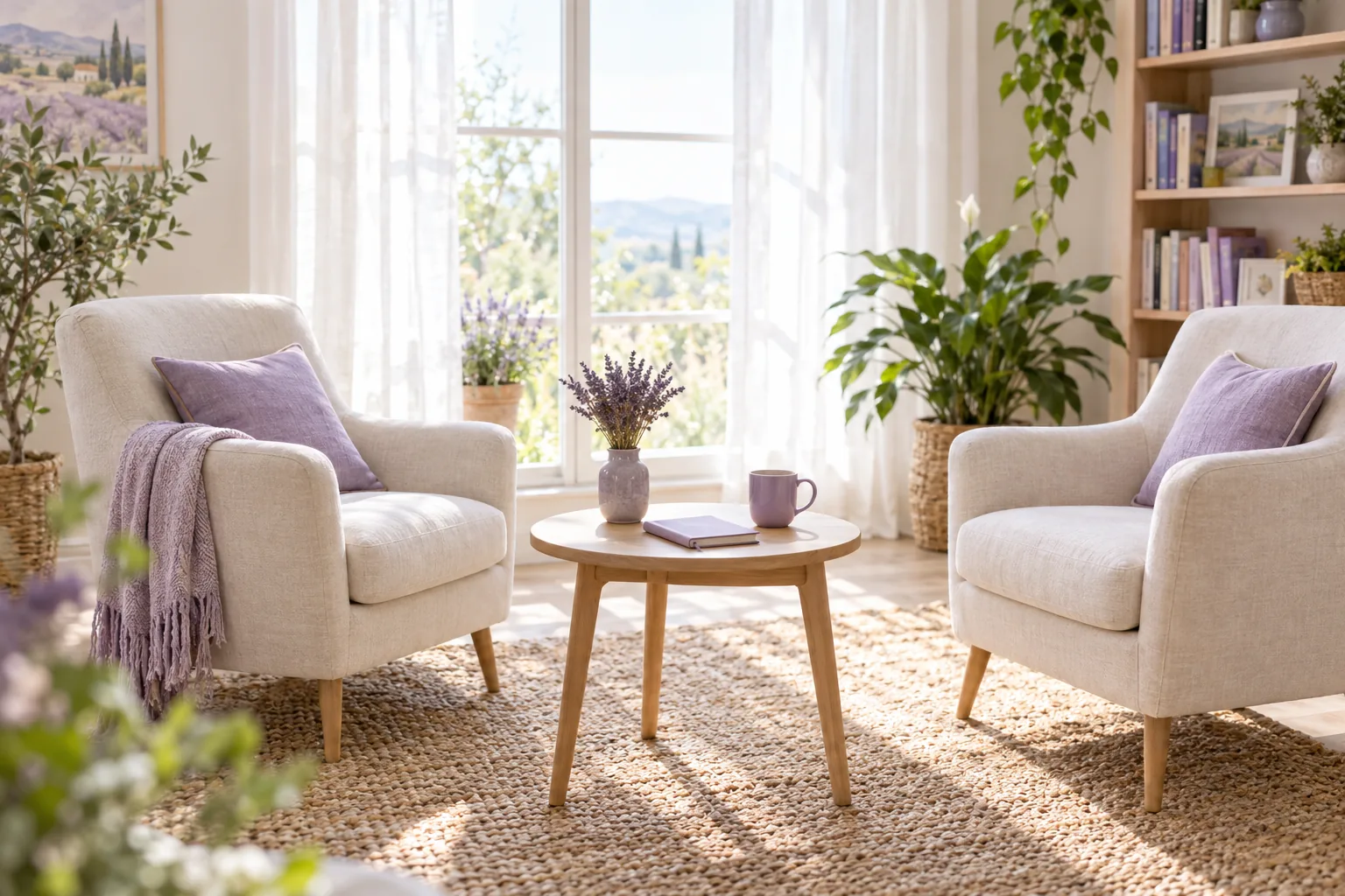 Le cabinet de Sarah : deux fauteuils clairs, une petite table et des plantes