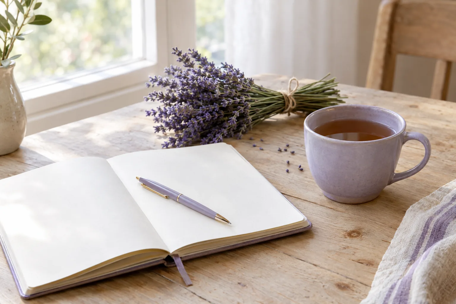 Un carnet et une tasse posés dans un espace calme